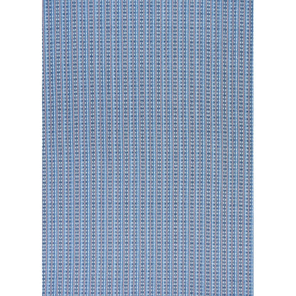 Blue and white striped woven rug with narrow vertical stripes.