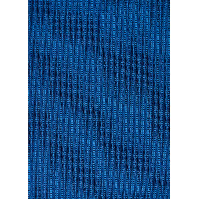 Close-up of indigo blue stripe-pattern woven fabric with a textured weave.