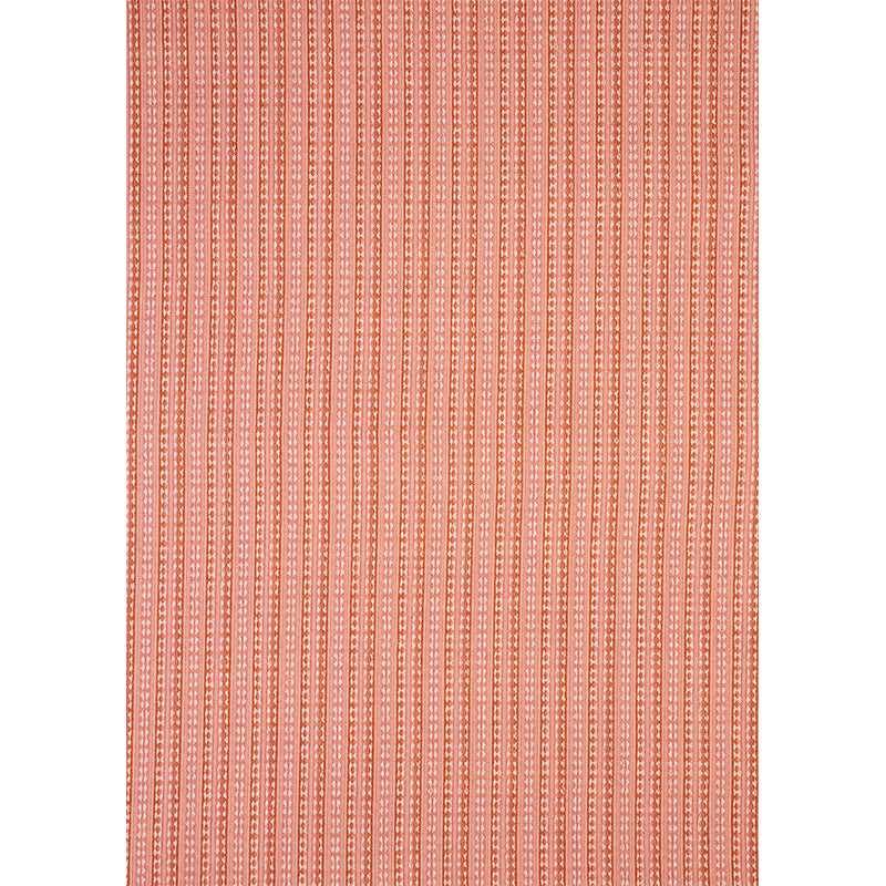 Orange woven textile with narrow white vertical stripes and tiny geometric motifs; rectangular home decor fabric.
