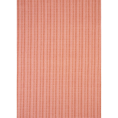 Orange woven textile with narrow white vertical stripes and tiny geometric motifs; rectangular home decor fabric.