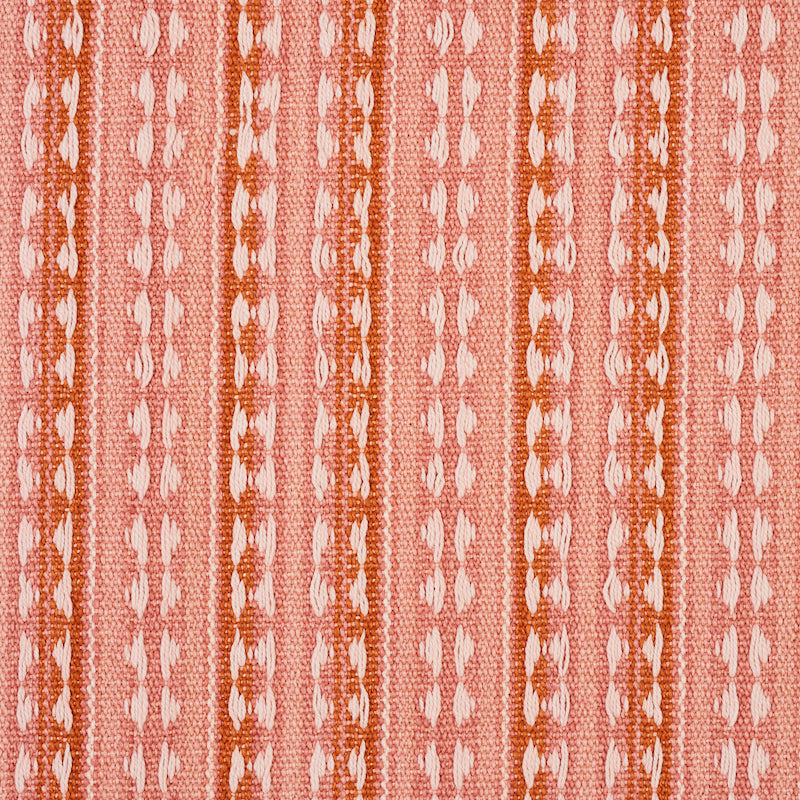 Orange & white striped woven fabric with vertical rope-like motifs & oval accents; boho textile for upholstery or apparel.