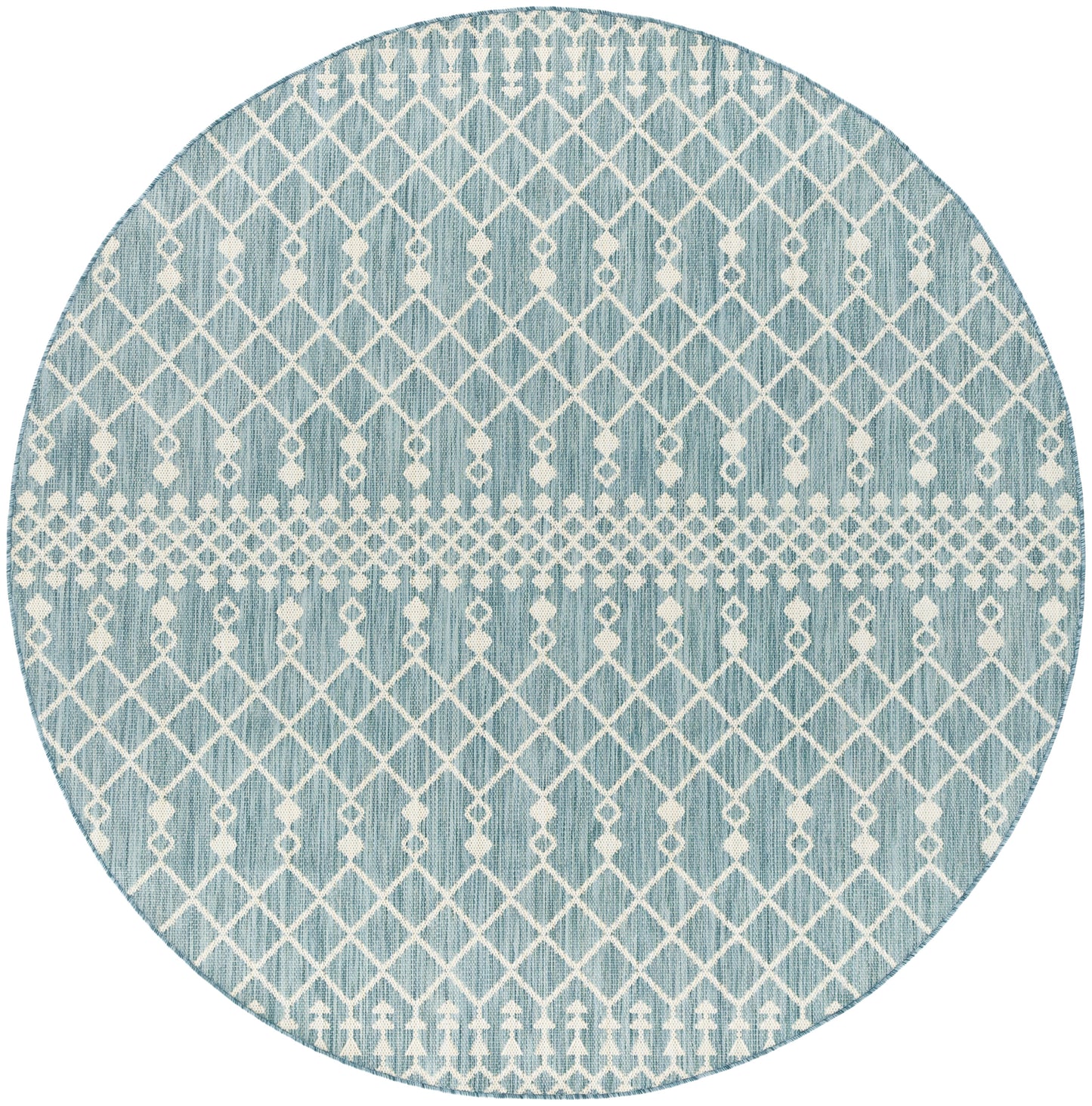 Round teal rug with white geometric lattice pattern, diamond motifs and a woven central band.
