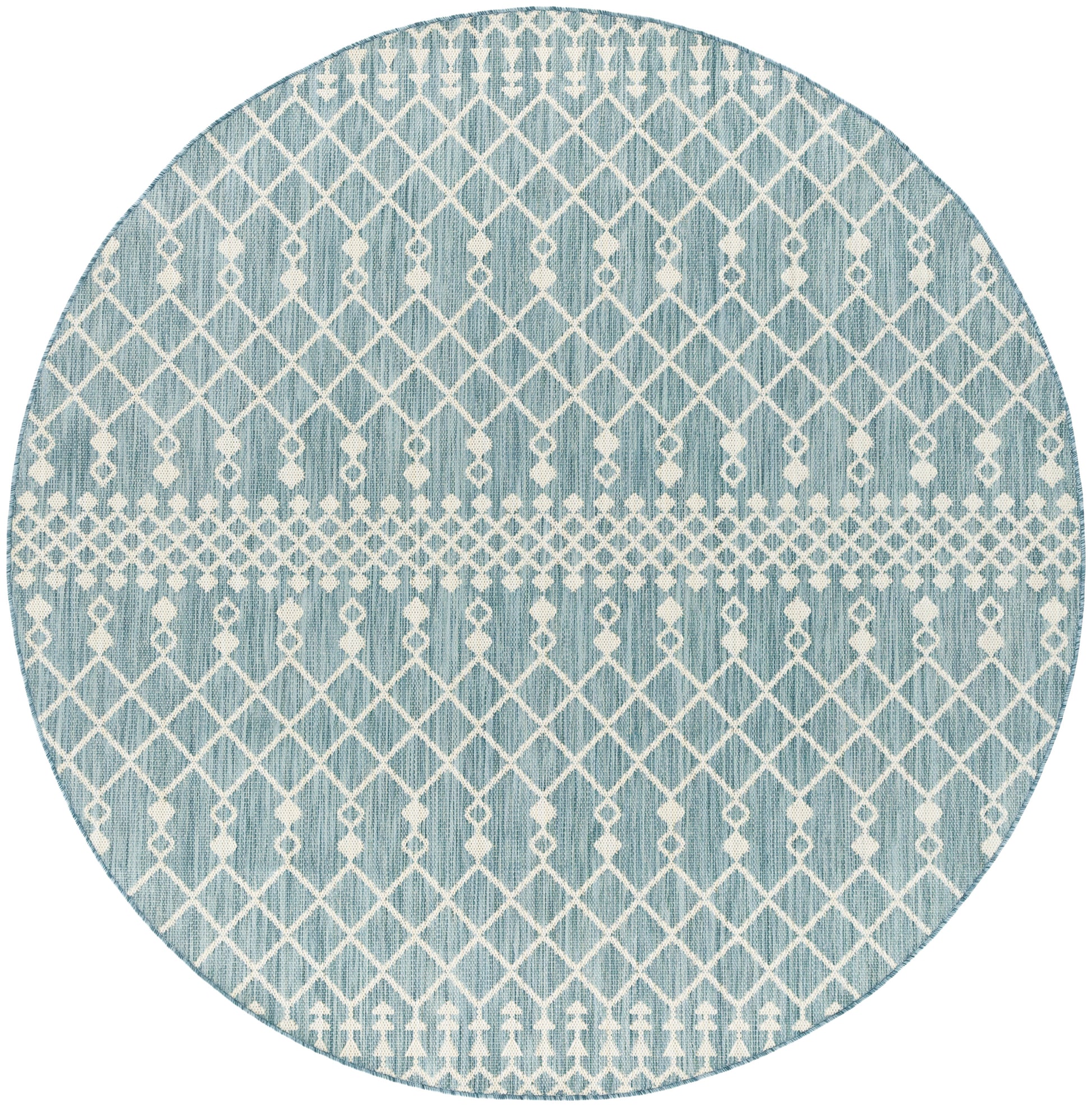 Round teal rug with white geometric lattice pattern, diamond motifs and a woven central band.