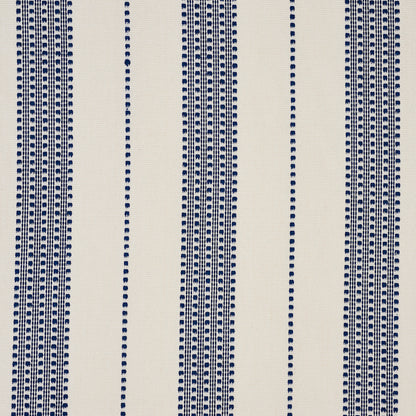 Beige woven fabric with navy-blue dotted vertical stripes; classic striped textile pattern for upholstery or rug.