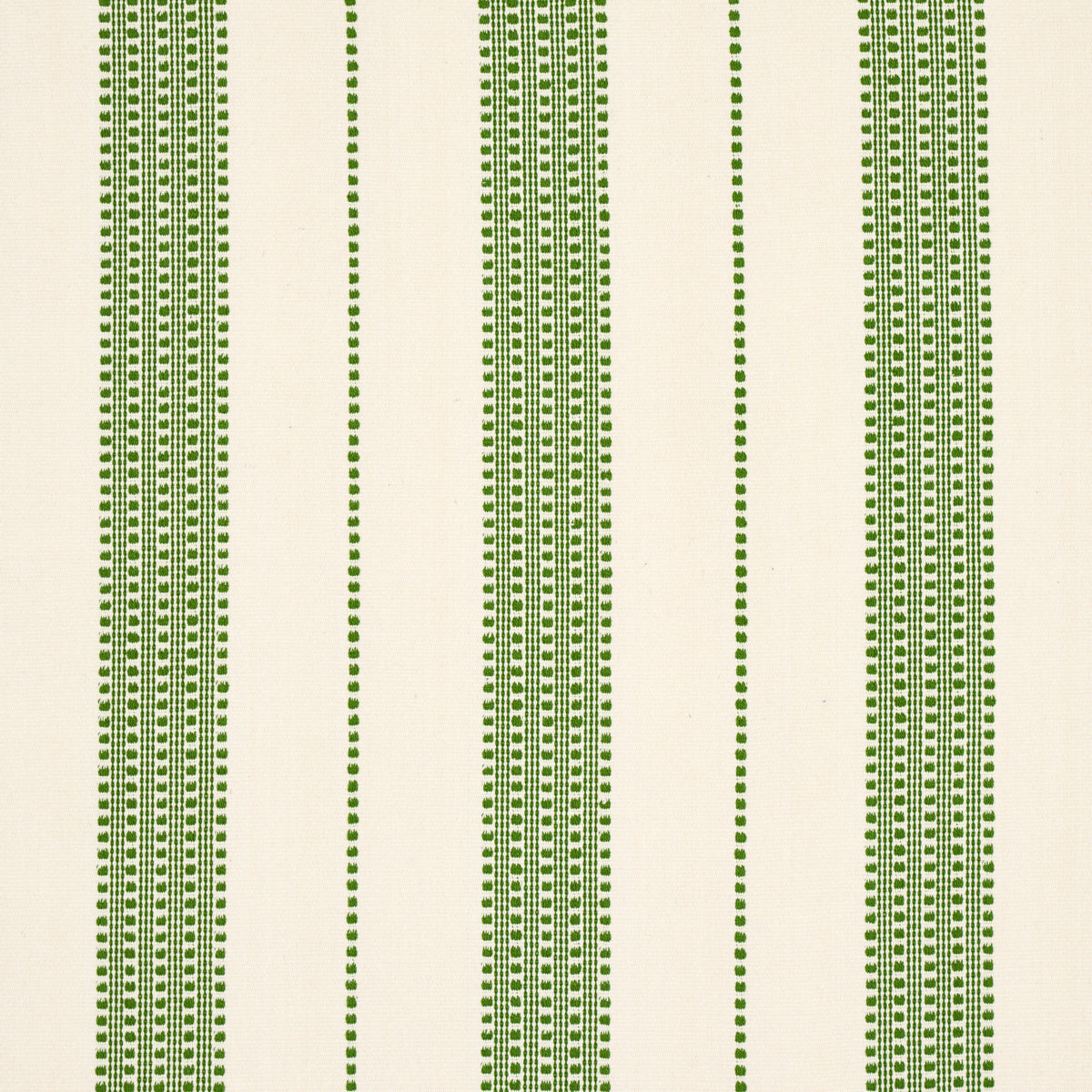 Cream fabric with vertical green dotted stripes; textile sample for upholstery or drapery.