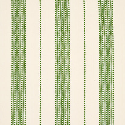 Cream fabric with vertical green dotted stripes; textile sample for upholstery or drapery.