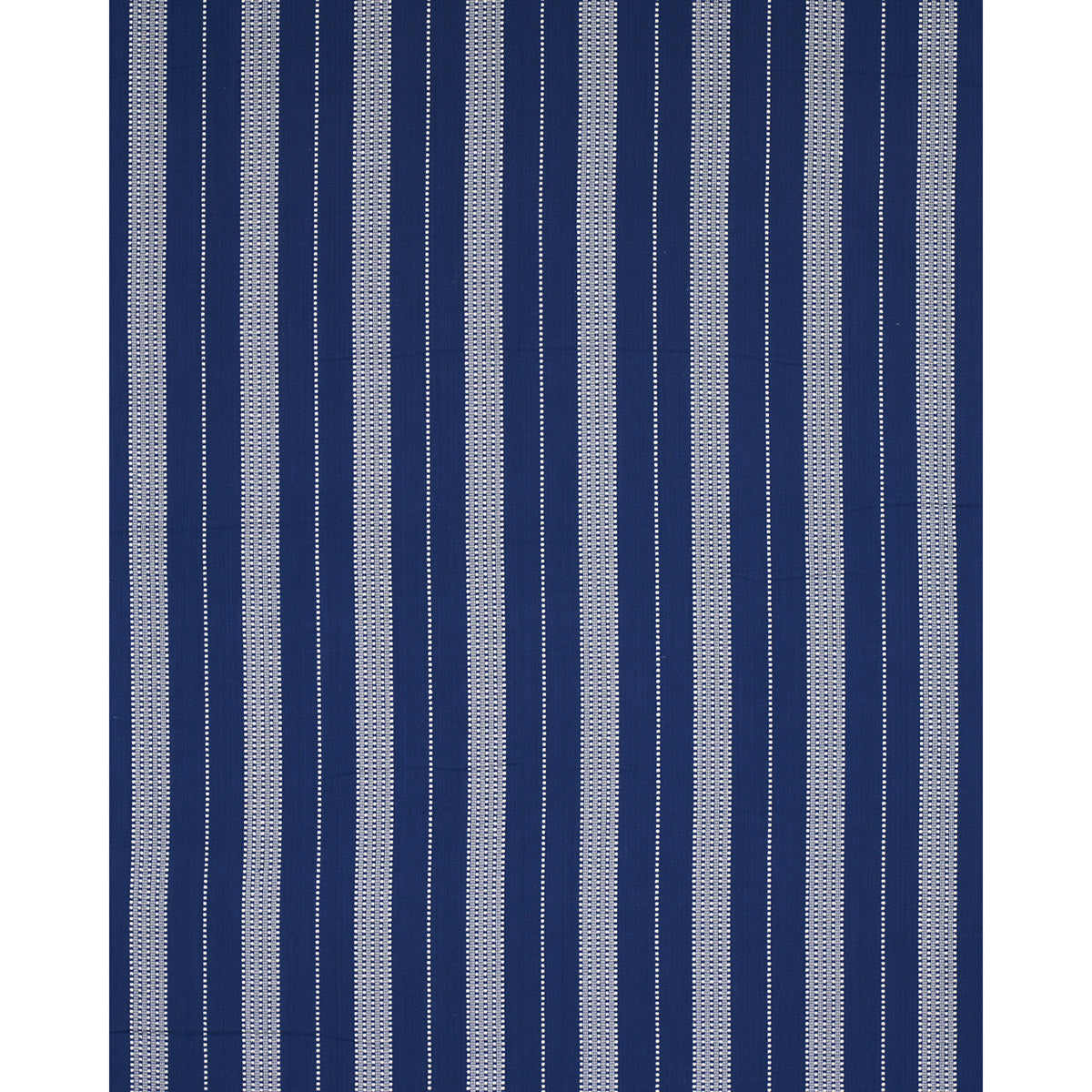 Ivory-on-blue striped woven fabric with dotted detailing; suitable for upholstery or curtains.