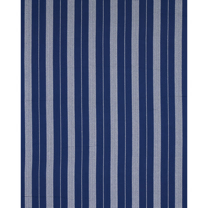 Ivory-on-blue striped woven fabric with dotted detailing; suitable for upholstery or curtains.