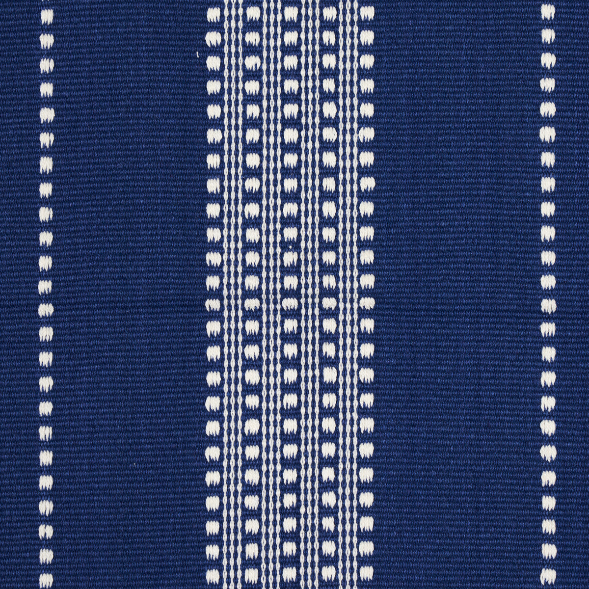 Ivory-on-blue woven stripe fabric with vertical stripes; geometric textile suitable for upholstery or apparel.