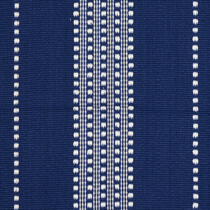 Ivory-on-blue woven stripe fabric with vertical stripes; geometric textile suitable for upholstery or apparel.