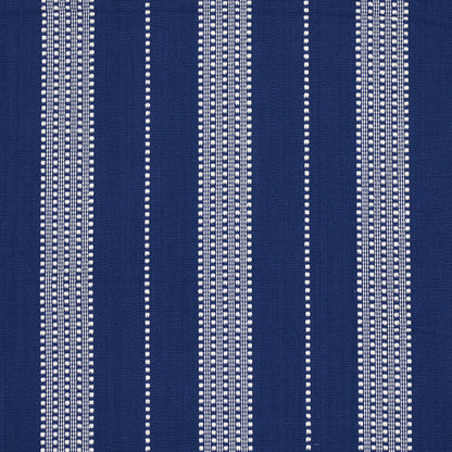 Navy blue fabric featuring vertical white dotted stripes in a woven pinstripe pattern.