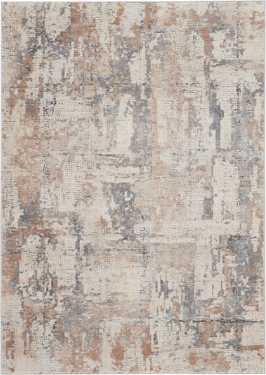 Distressed abstract rectangular area rug in beige, taupe and gray-blue tones for contemporary decor.