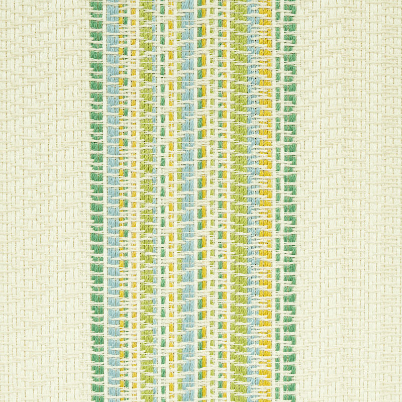 Beige woven indoor/outdoor fabric with narrow green, yellow, and blue vertical stripes; textured weave.