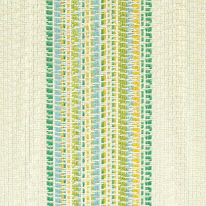 Beige woven indoor/outdoor fabric with narrow green, yellow, and blue vertical stripes; textured weave.