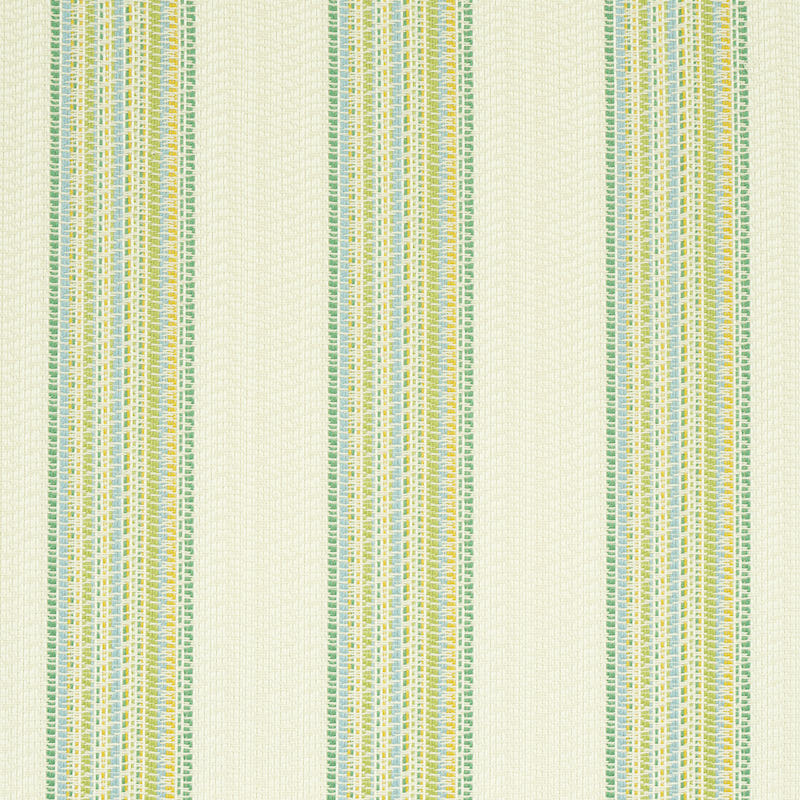Cream woven fabric with vertical green, blue, and yellow stripes; soft textured textile for curtains or upholstery.