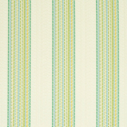 Cream woven fabric with vertical green, blue, and yellow stripes; soft textured textile for curtains or upholstery.
