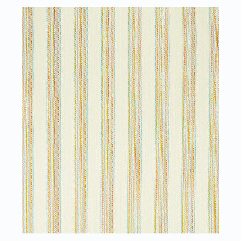 Square indoor/outdoor woven swatch with vertical pastel yellow and blue stripes on a cream background.