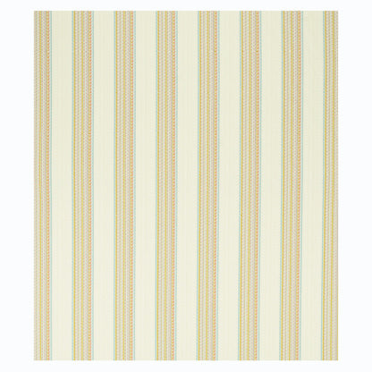 Square indoor/outdoor woven swatch with vertical pastel yellow and blue stripes on a cream background.