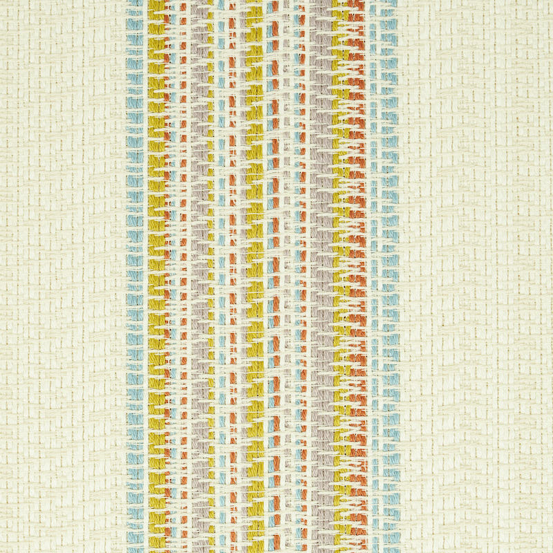 Cream woven rug with vertical multicolor thread stripes in yellow, orange, blue and gray.