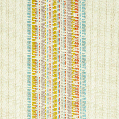 Cream woven rug with vertical multicolor thread stripes in yellow, orange, blue and gray.