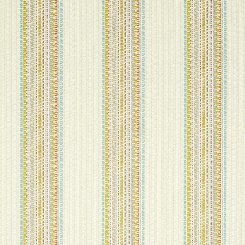 Cream textured wallpaper with repeating multicolor vertical stripes in pastel blue, yellow, orange and pink.