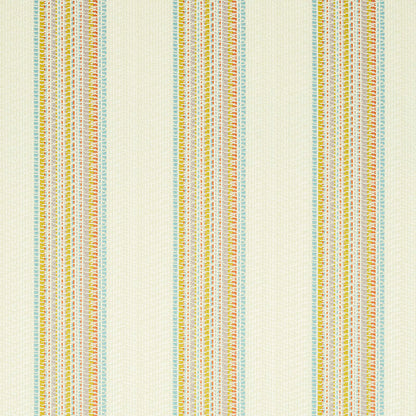 Cream textured wallpaper with repeating multicolor vertical stripes in pastel blue, yellow, orange and pink.