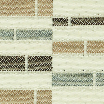 Woven textile rug with cream base and brick-like blocks in beige, taupe, gray, and brown; neutral geometric pattern.