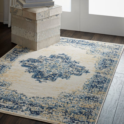 Cream distressed rug with blue medallion motif on dark wood floor; beige stackable trunks and books nearby.