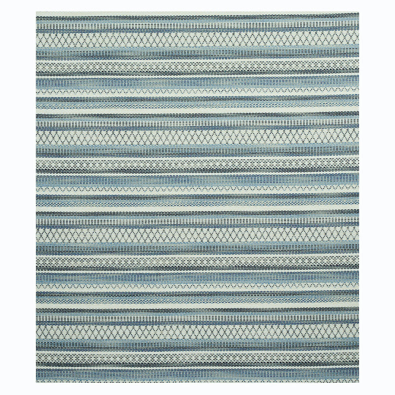Blue-gray striped woven rug with geometric diamonds and zigzag bands in horizontal rows.