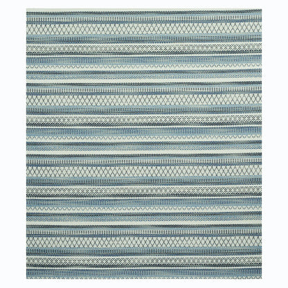 Blue-gray striped woven rug with geometric diamonds and zigzag bands in horizontal rows.