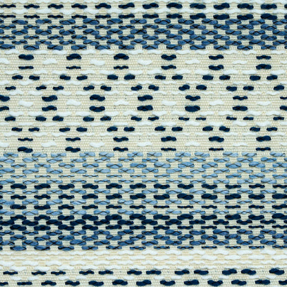 Navy and cream woven fabric with horizontal striped dot pattern; textured textile suitable as rug or throw.