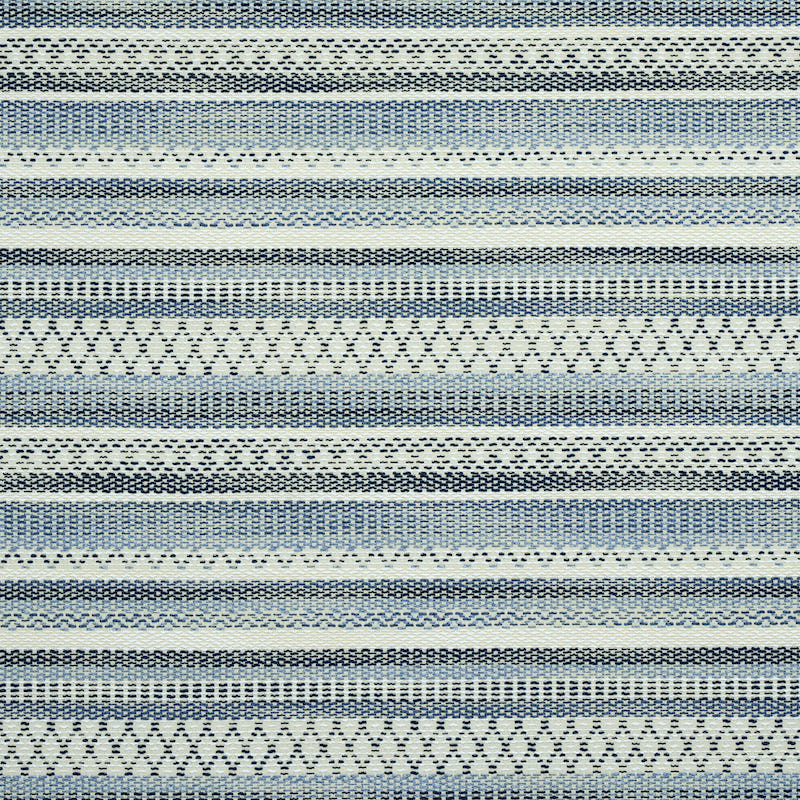 Blue & white woven striped fabric with varied textured bands & small diamond patterns.