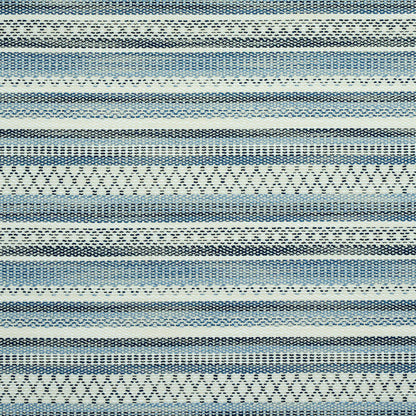 Blue & white woven striped fabric with varied textured bands & small diamond patterns.