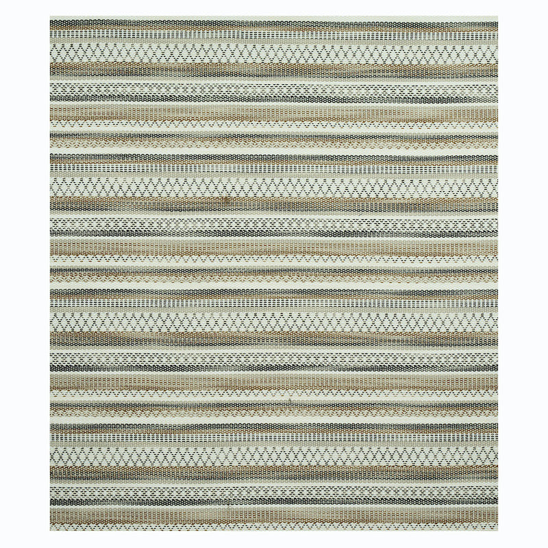 Woven flat rug with horizontal stripes in beige, taupe, gray and cream; geometric diamond motifs, boho-style.