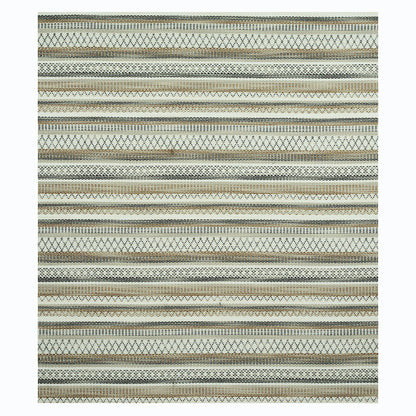 Woven flat rug with horizontal stripes in beige, taupe, gray and cream; geometric diamond motifs, boho-style.