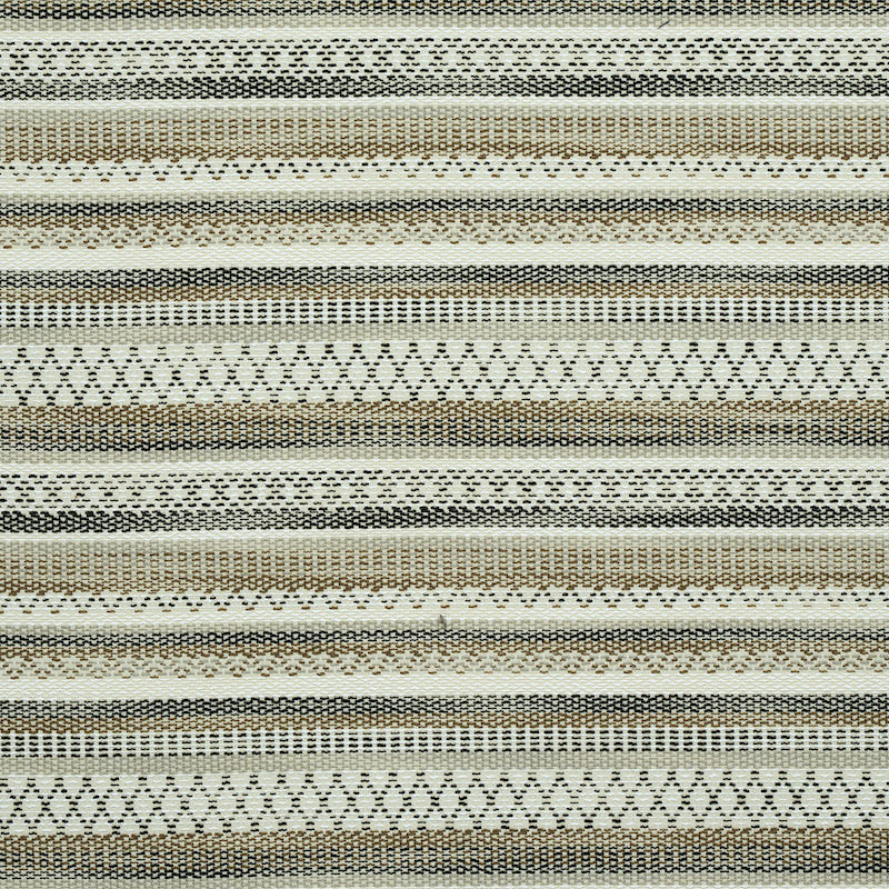 Striped woven textile in beige, ivory and taupe with gray accents; textured indoor/outdoor pattern woven fabric.