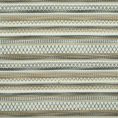 Striped woven textile in beige, ivory and taupe with gray accents; textured indoor/outdoor pattern woven fabric.
