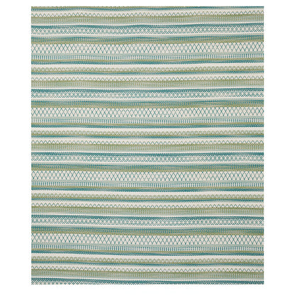 Woven tribal striped rug in teal, blue and beige with geometric diamonds; boho style, soft texture.