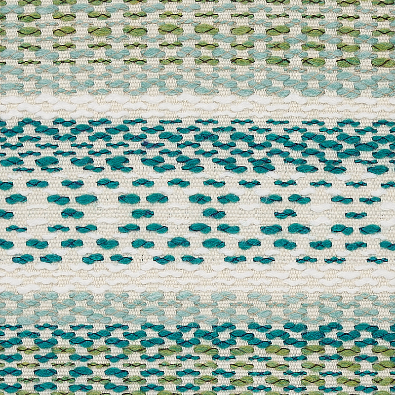 Close-up of a woven indoor/outdoor rug with a white base and teal, aqua, mint stripes.