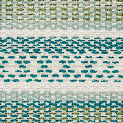 Close-up of a woven indoor/outdoor rug with a white base and teal, aqua, mint stripes.