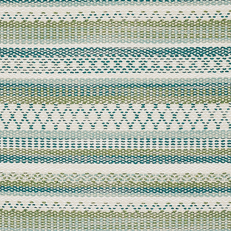 Woven striped fabric with teal, olive green and cream bands; geometric stitches create a casual home decor textile.