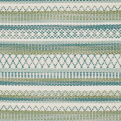 Woven striped fabric with teal, olive green and cream bands; geometric stitches create a casual home decor textile.