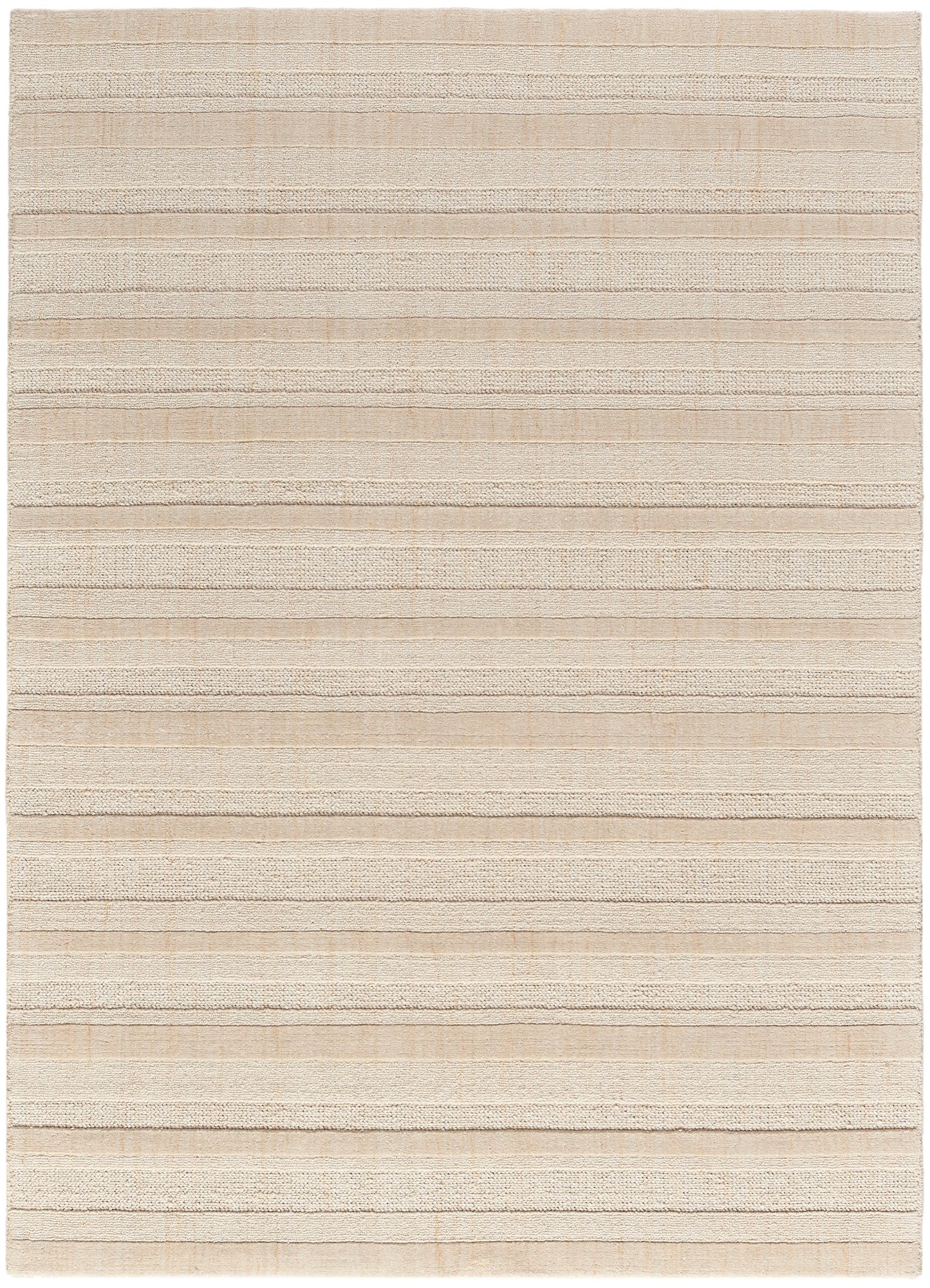 Beige rectangular rug with horizontal striped bands and varied textures for a soft, neutral look.