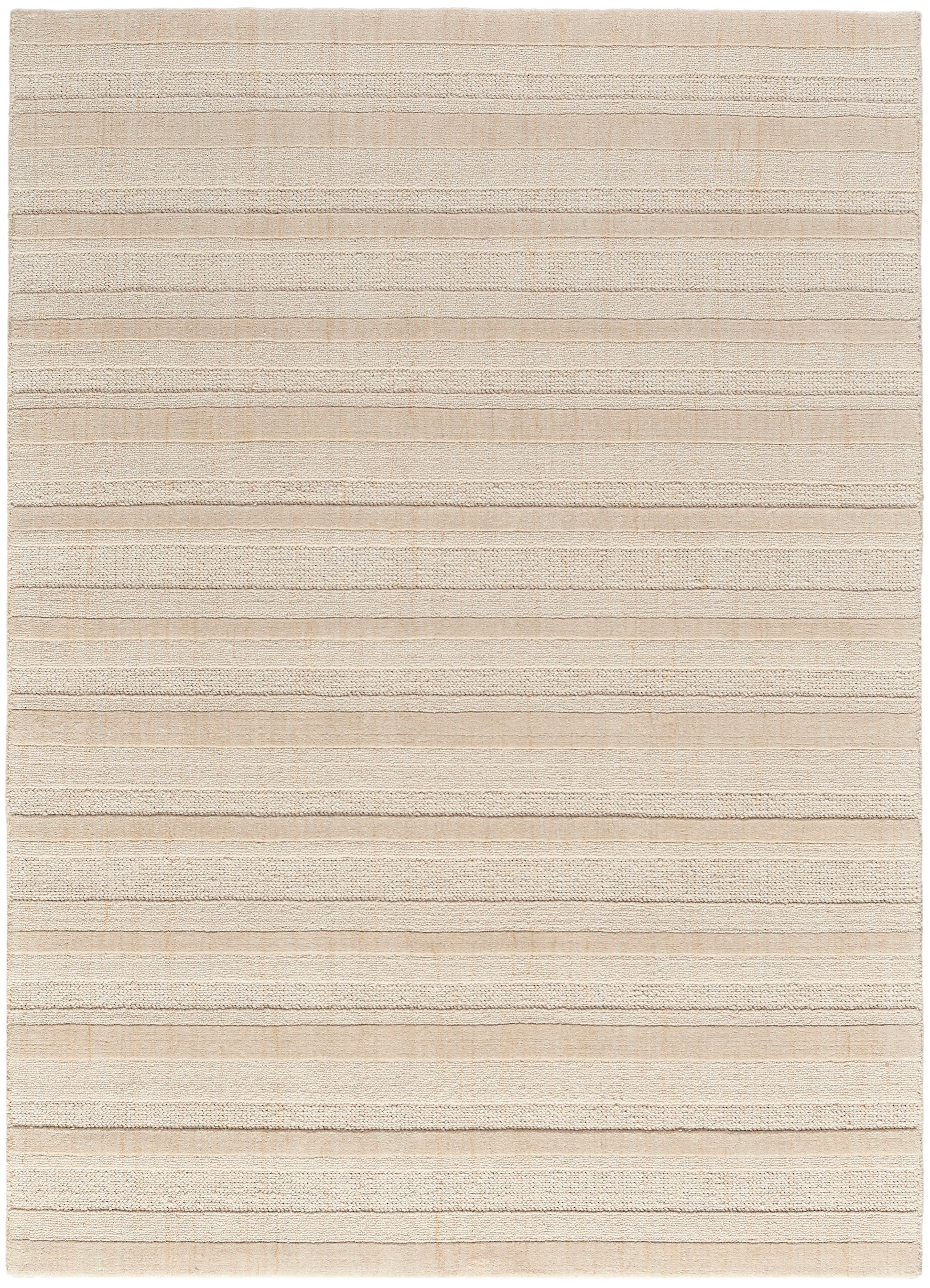 Beige rectangular rug with horizontal striped bands and varied textures for a soft, neutral look.