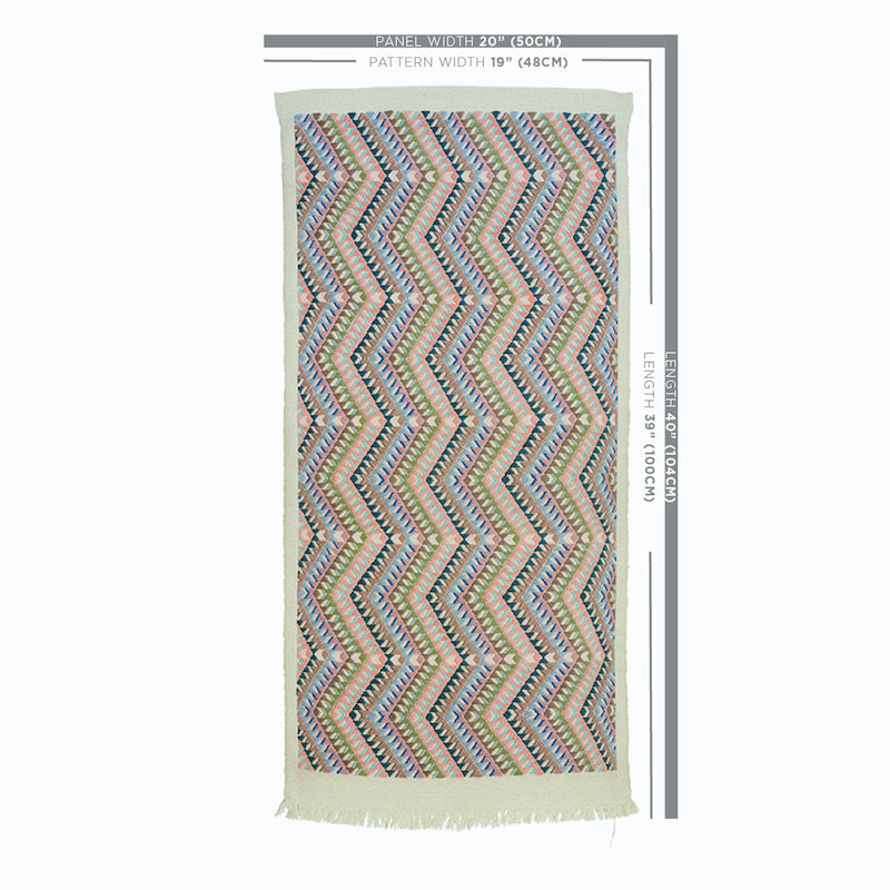 Rectangular, multi-color chevron zigzag woven throw with fringed ends.