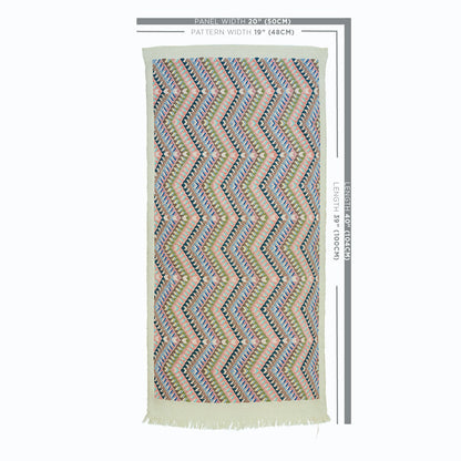 Rectangular, multi-color chevron zigzag woven throw with fringed ends.
