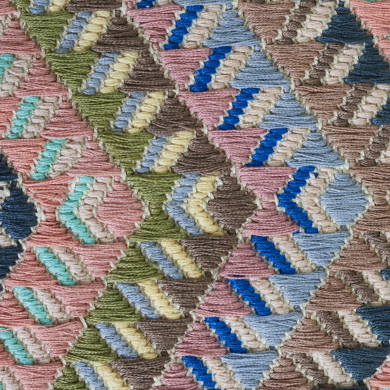 Close-up of a pastel chevron hand-woven rug in pink, blue, green, yellow and brown triangles.