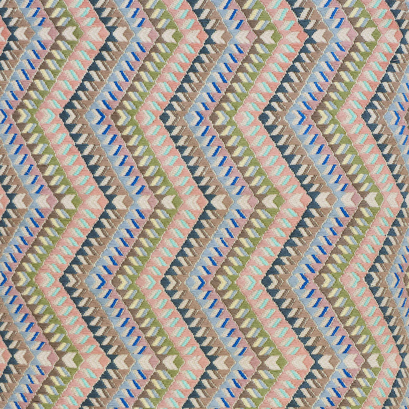 Colorful chevron zigzag fabric in pastel pink, blue, olive, gray and beige; woven textile with bold chevrons.