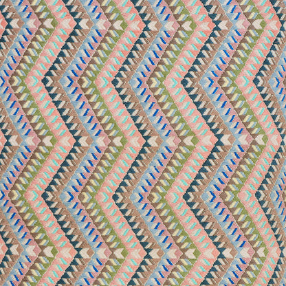 Colorful chevron zigzag fabric in pastel pink, blue, olive, gray and beige; woven textile with bold chevrons.