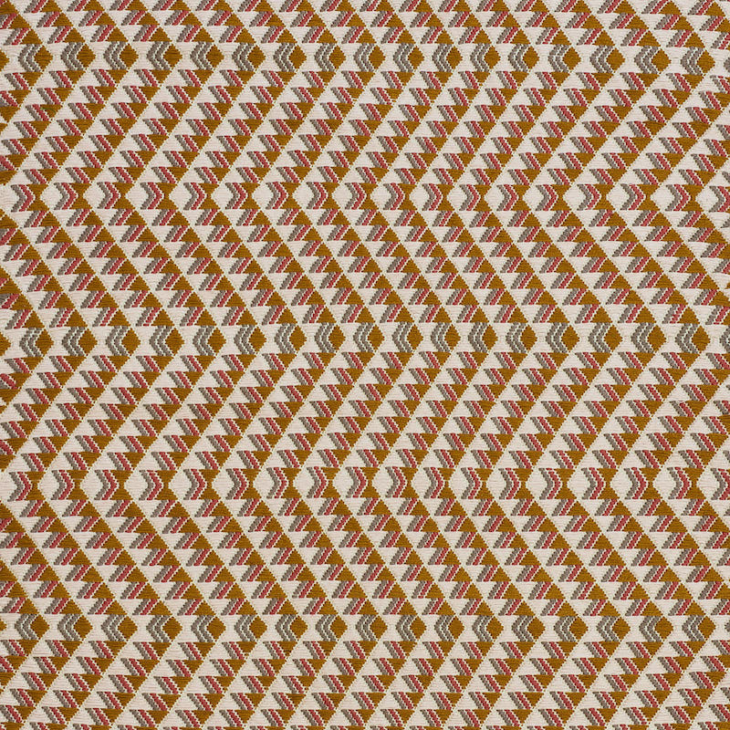 Woven fabric with a repeating chevron/diamond triangle pattern in brown, orange, and cream.